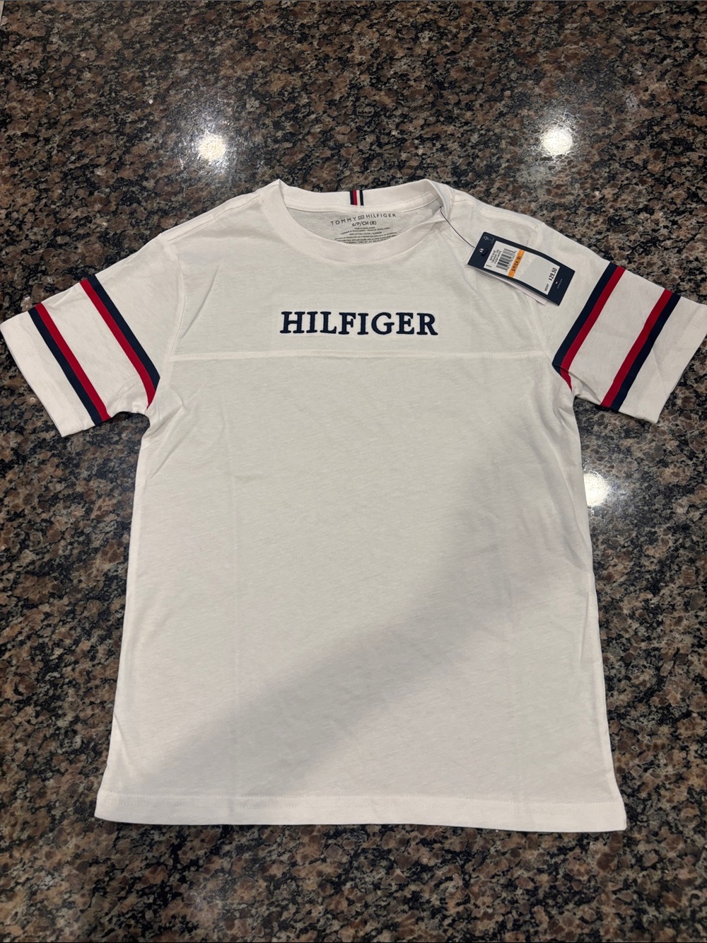 Tommy Hilfiger White Tee with Navy 'HILFIGER' Logo and Red & Navy Sleeve Stripes